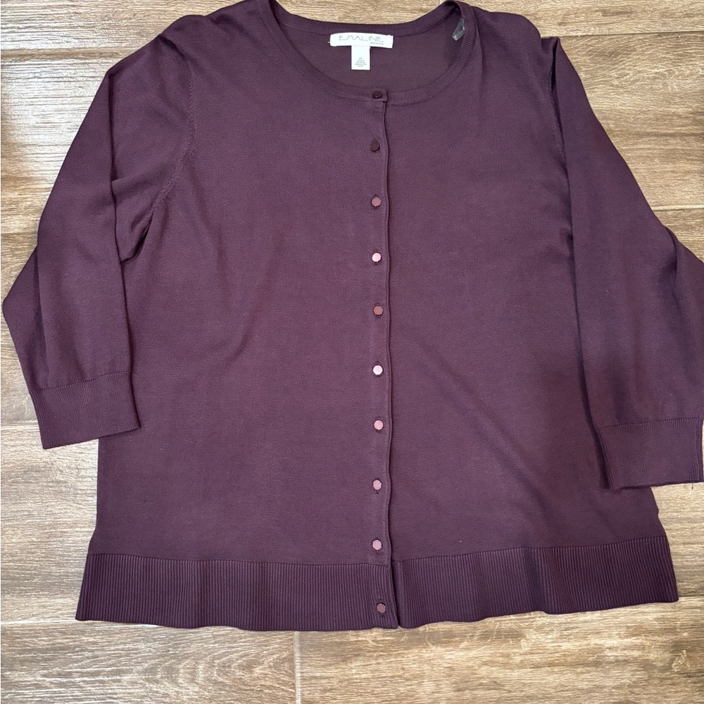Emaline Women’s 1X Deep Plum Knit Top cartigan with Buttons 3/4 sleeve EUC